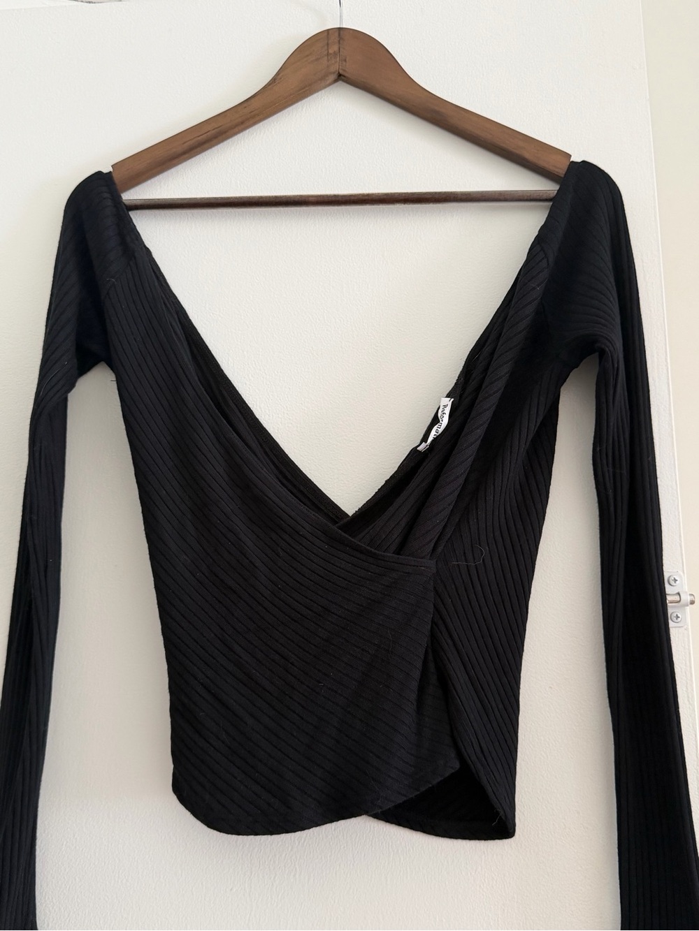 Reformation Black Ribbed Wrap-Style Long Sleeve Top